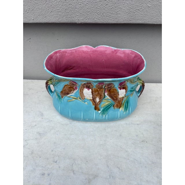 De Sarreguemines Majolica Aqua Parakeets Jardinière Sarreguemines, Circa 1880 For Sale - Image 4 of 7