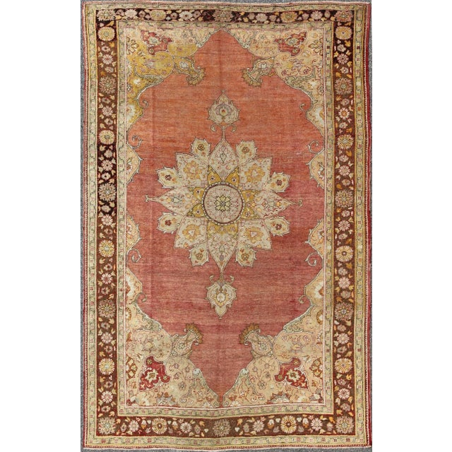 Camel Antique Oushak Medallion Rug in Rose, Pale Green, Light Blue, Gold and Brown For Sale - Image 8 of 8