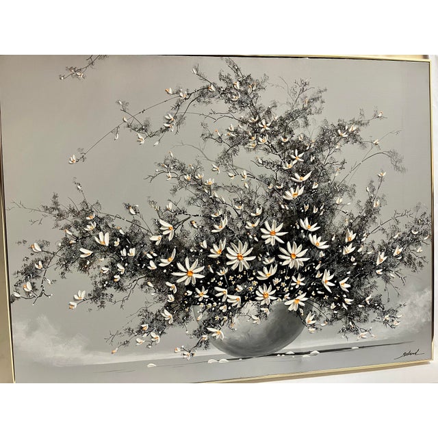 Boho Chic Large Acrylic on Canvas Painting of Flowers in a Vase by Rumanian American Artist Roland Partos For Sale - Image 3 of 10