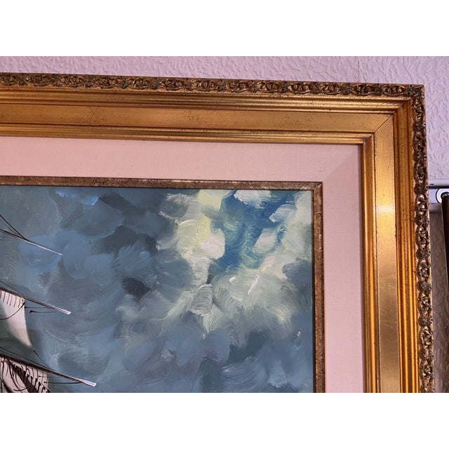 Blue Original Oil Painting on Canvas, Seascape, Sailing Ship, Signed, Framed For Sale - Image 8 of 11