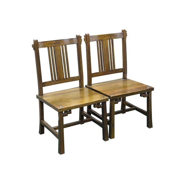 Asian Pair Zen Oriental Straight Legs Bars Backrest Solid Wood Chairs For Sale - Image 3 of 8