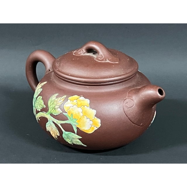 Chinese Late 20th Century Chinese Art Yixing Clay Teapot With Enamel Flower Design For Sale - Image 3 of 10
