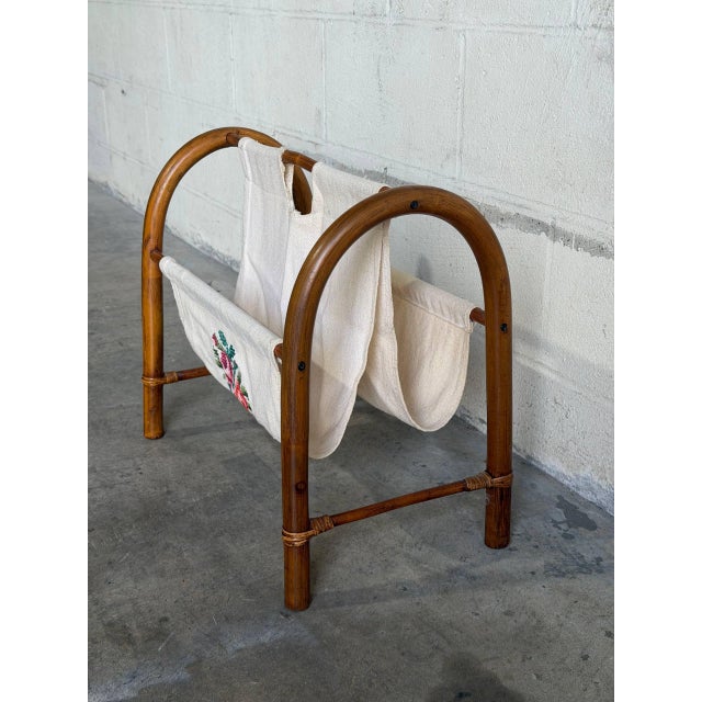 Rattan Magazine Rack With Floral Embroidered Canvas Mid-Century Modern 1970s For Sale - Image 4 of 9