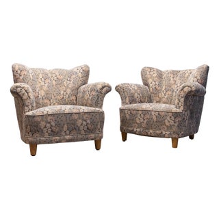 Vintage Danish Wingback Chairs with Jacquard Fabric, 1940s, Set of 2 For Sale