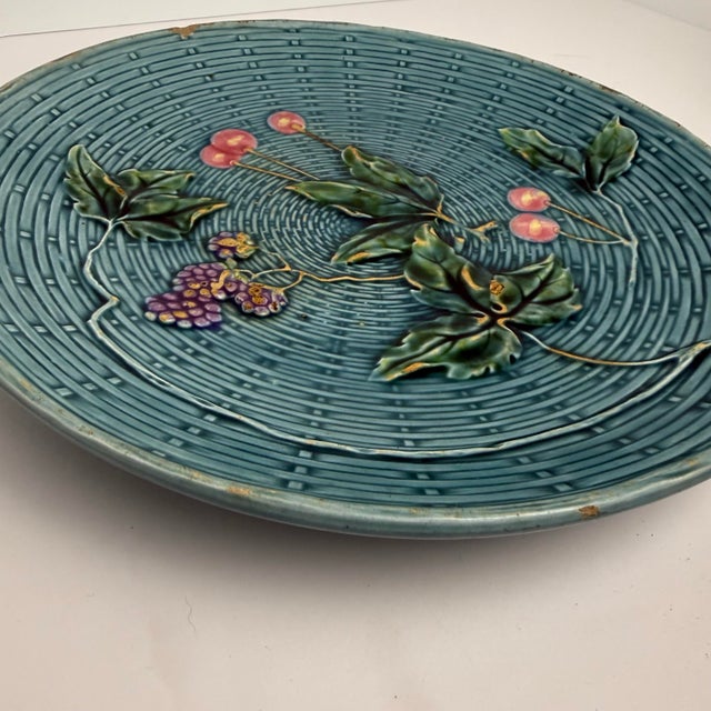 Antique Georg Schmider / Zell Majolica Basketweave Plate Cherries & Grapes For Sale - Image 10 of 10