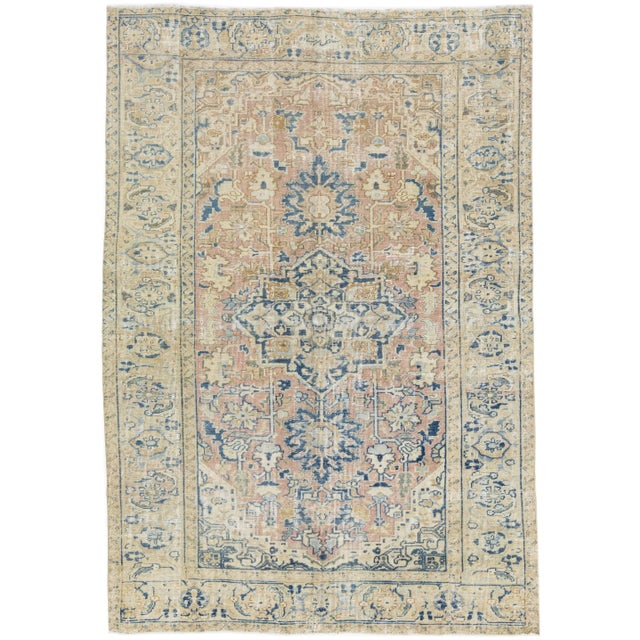 Textile 1920s Peach & Beige Handmade Antique Persian Heriz Wool Rug With Medallion Motif For Sale - Image 7 of 7