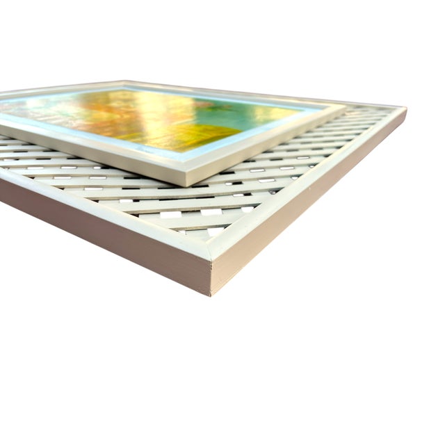 Wood 1980s Louis Tessier, a Marmoset Monkey Taking Sweets on a Painted Commode Giclée Reproduction Print on Canvas in Lattice Frame For Sale - Image 7 of 11