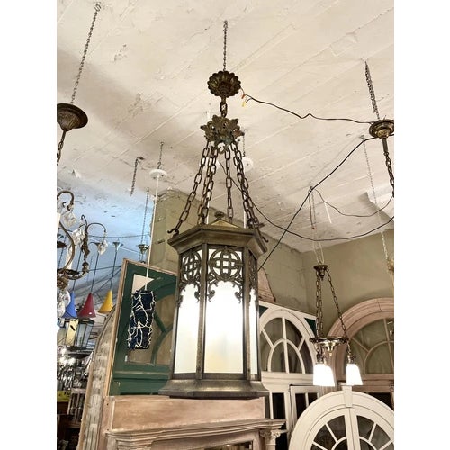 Antique Brass Neo Gothic Three Light Ceiling Pendant Light Celtic Knot Pattern For Sale - Image 9 of 12