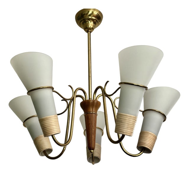 Mid-Century Modernist Swedish Chandelier in Brass, Birch and Glass, 1940s For Sale
