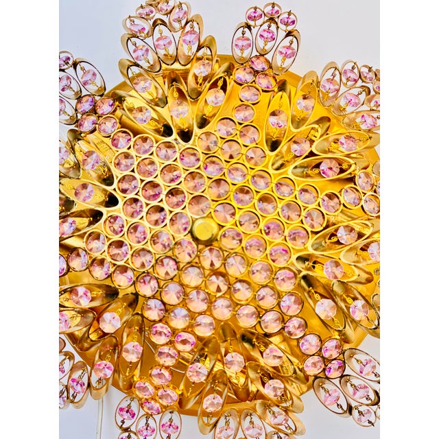 Glass Vintage Brass Sunburst Ceiling Light, Hand-Painted Pink Crystal Beaded Mandala Chandelier, 10-Light Flush Mount For Sale - Image 7 of 18