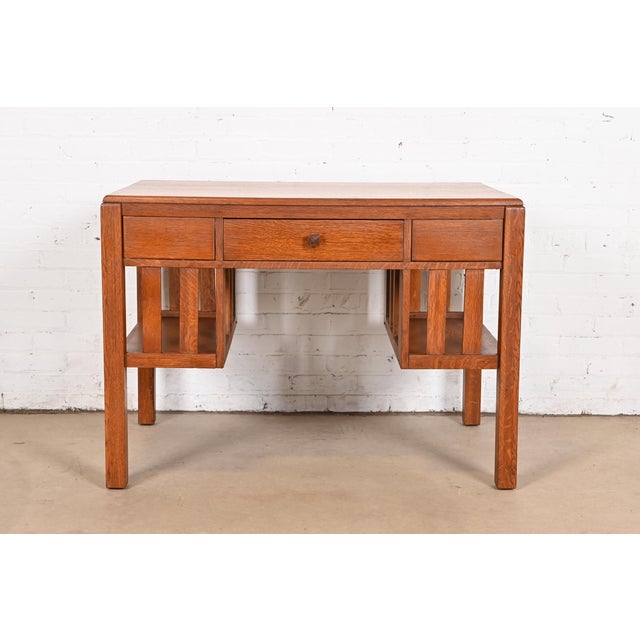 Mission Stickley Brothers Style Antique Mission Oak Arts & Crafts Desk With Built-In Bookcases, Circa 1900 For Sale - Image 3 of 12