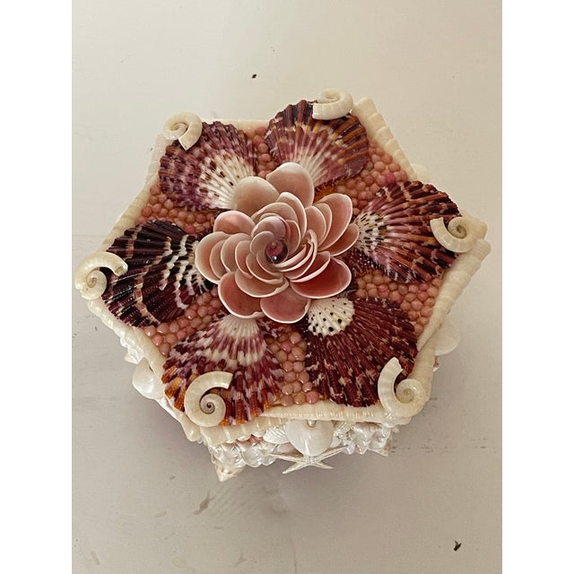 One of a kind artisan micro sea shells natural colours “ strawberry “ jewelry hexagonal box.