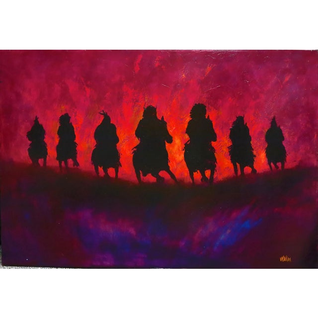 Realism Donald Brewer Aka Wakpa Original Art Painting on Canvas 7 Night Riders For Sale - Image 3 of 10