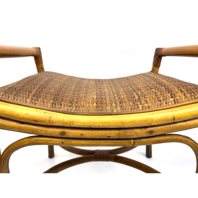 Vintage Mid Century Rattan Bench With Bentwood Frame and Woven Seat For Sale - Image 4 of 12