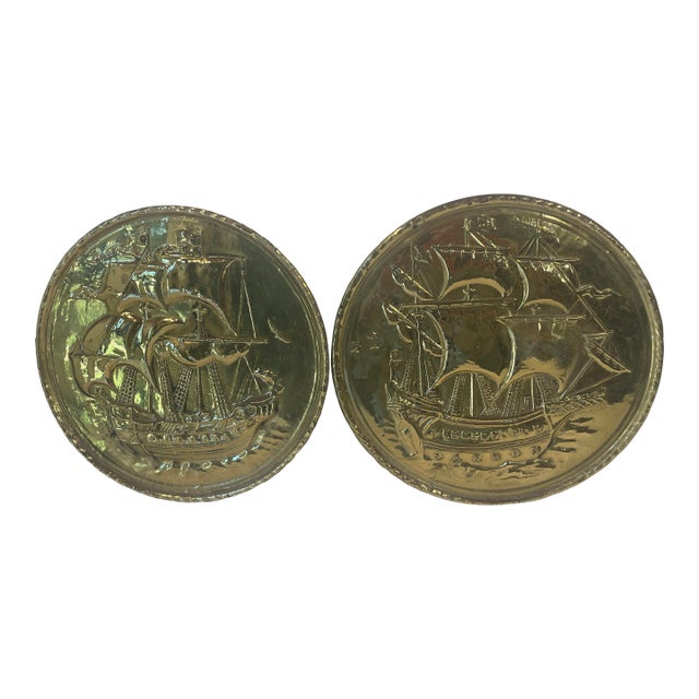 Vintage Brass Ship Wall Hanging Plates - A Pair For Sale