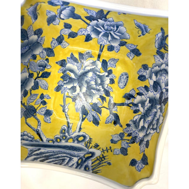 Vintage Chinoiserie Style Blue and Yellow Ceramic Handkerchief Bowl For Sale - Image 11 of 12