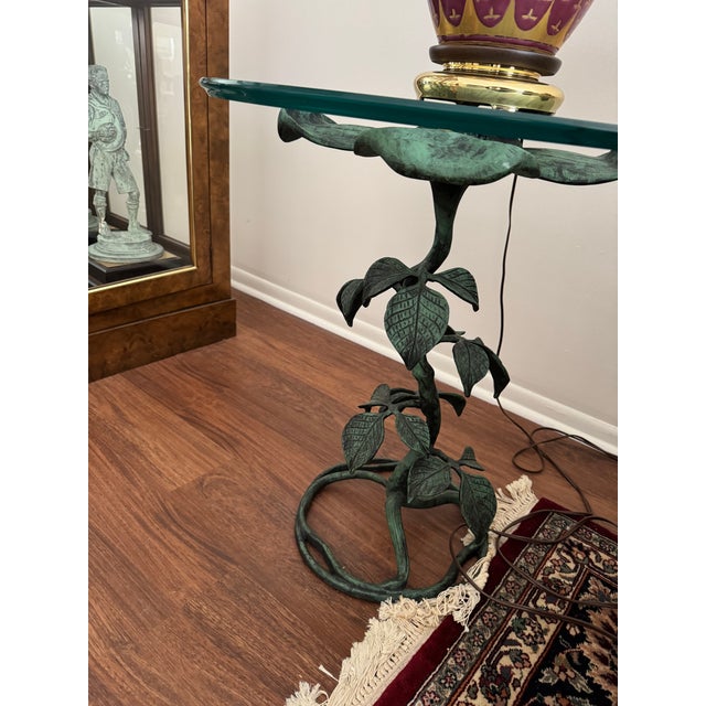 Walker-Marlen Mid Century Metal Dogwood Leaf Side Table Round Glass Top Vintage For Sale In New York - Image 6 of 8