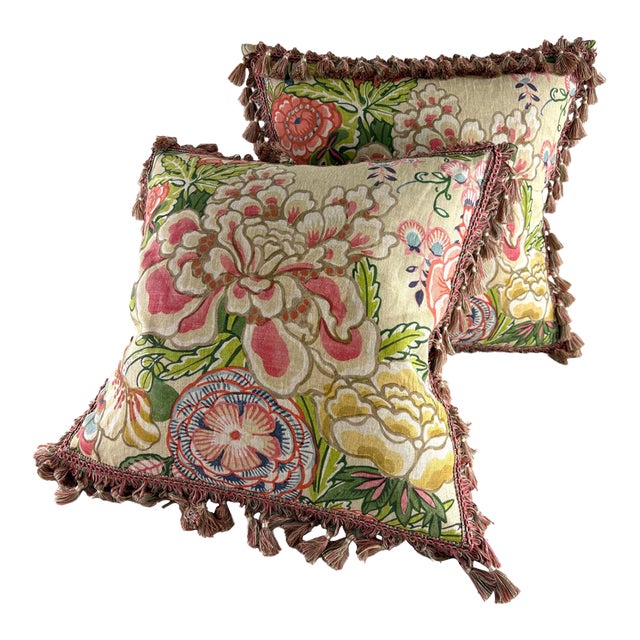Thibaut Peony Garden Hand Printed Tasseled Linen Pillows/a Pair For Sale