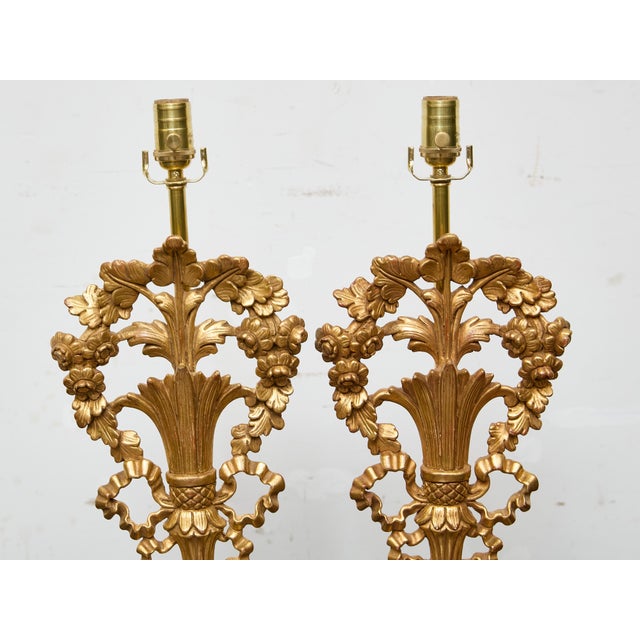 Gold 19th Century French Giltwood Floral Fragments Made into Lamps on Custom Lucite Bases - a Pair For Sale - Image 8 of 12