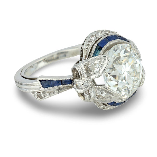 1930s Art Deco Gia 3.38 Carat Diamond Sapphire Platinum Engagement Ring, Size 5 For Sale - Image 4 of 7