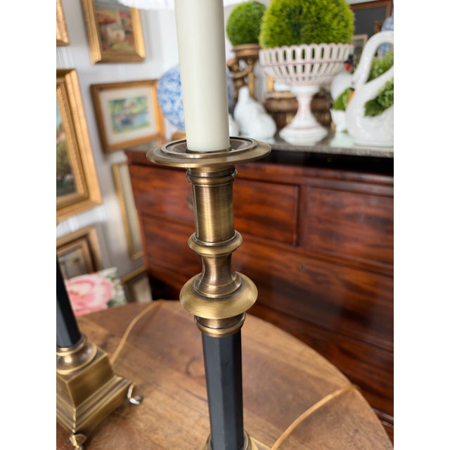 English Late 20th Century Classic Aged Brass and Black Candlestick Lamps With Paw Feet and Black Parchment Shades - Pair For Sale - Image 3 of 7