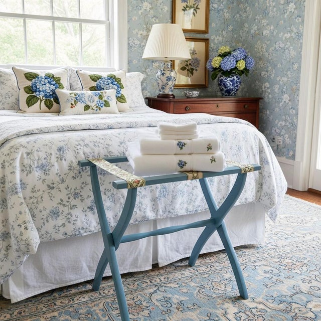 Farmhouse Vintage Scheibe Folding Luggage Rack-Blue Wood-Floral Tapestry-Suitcase Stand For Sale - Image 3 of 11
