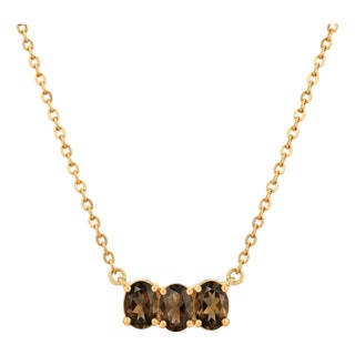 Three Stone Smoky Quartz Necklace | 18k Gold Plated Trilogy Gemstone Necklace | Unique Anniversary Gift for Her For Sale