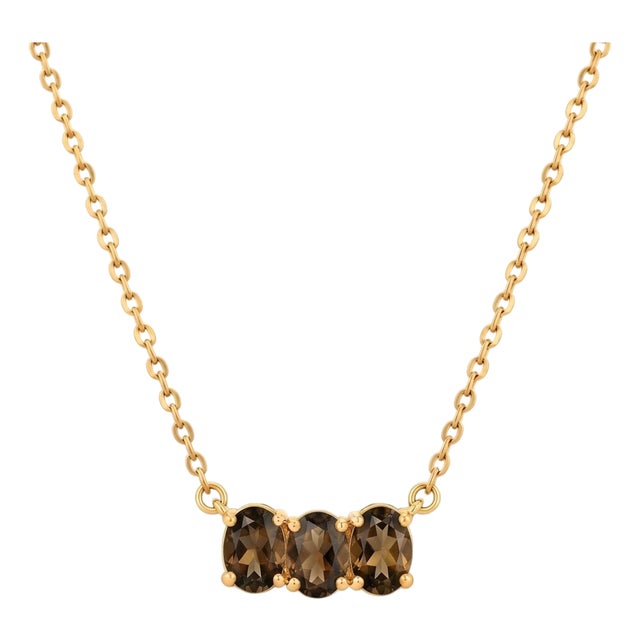 Three Stone Smoky Quartz Necklace | 18k Gold Plated Trilogy Gemstone Necklace | Unique Anniversary Gift for Her For Sale