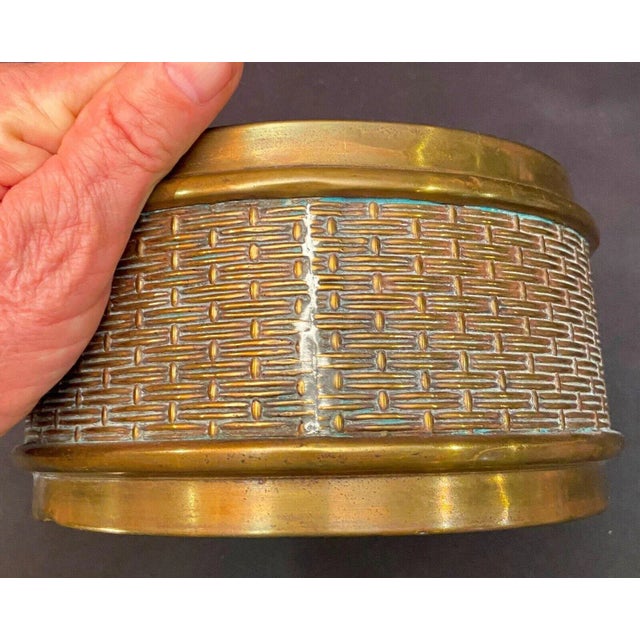 Metal Vintage Solid Brass Round Basketweave Pattern Planter For Sale - Image 7 of 8