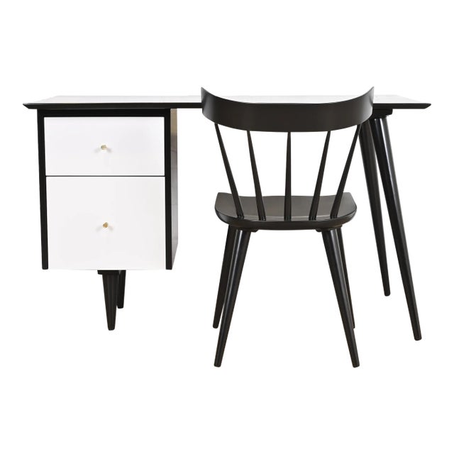 Paul McCobb Planner Group Black and White Lacquered Writing Desk and Chair, Newly Refinished For Sale