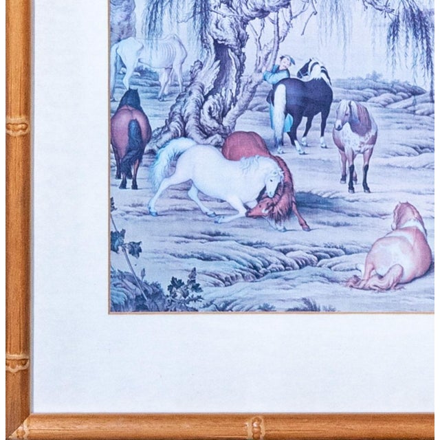 Wood Late 20th Century Framed Giuseppe Castiglione Eight Horses Chinoiserie Print in Faux Bamboo Frame For Sale - Image 7 of 16