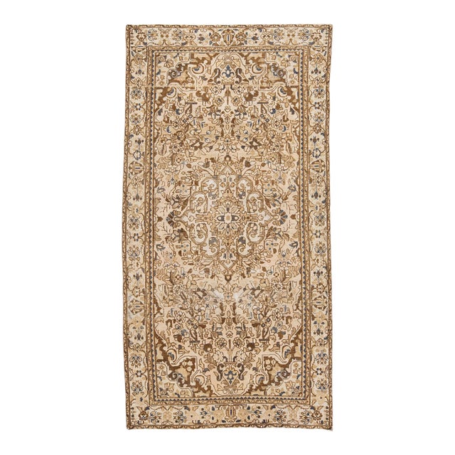 Vintage Hand-Knotted Neutral Medallion Area Rug in Warm Camel, Ivory & Slate Blue For Sale