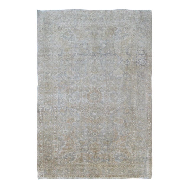 Mid 20th Century Gray Faded Vintage Fine Turkish Sivas Rug With Floral Motifs and Medallion With a Light Tan Field For Sale