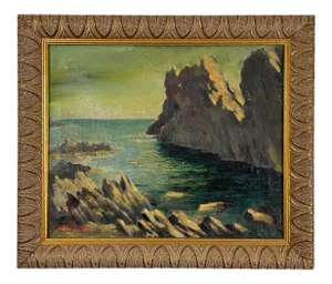 Early 20th Century French Seascape Oil Painting of Rocky Inlet — Jean-Dominique Van Caulaert — Signed