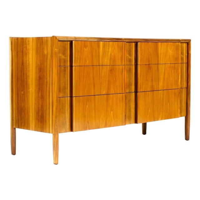1960s Danish Modern Mid Century Walnut Low Dresser — Barney Flagg for Drexel Parallel — 6 Drawers For Sale