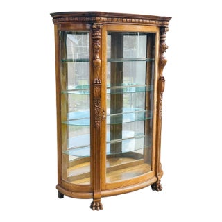 Antique Victorian Oak Griffin Carved Curved Glass China Cabinet by Rj Horner For Sale