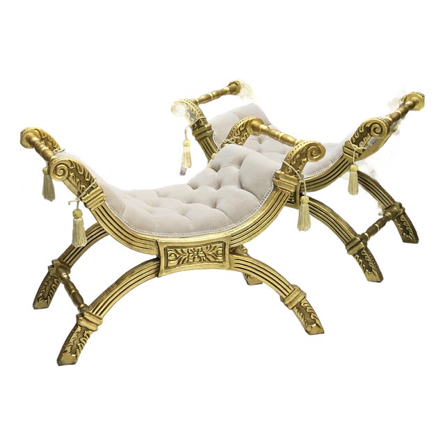 Baroque Style Beige White Velvet Bench Gold Leaf Details For Sale