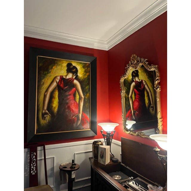 Expressive Spanish Flamenco Dancer Oil Painting in Red and Gold, Early 21st Century For Sale - Image 9 of 12