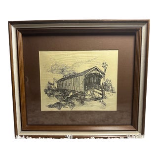1970s Peter Etril Snyder Hand-Signed "West Montrose Covered Bridge" Ink-Style Landscape Lithograph For Sale