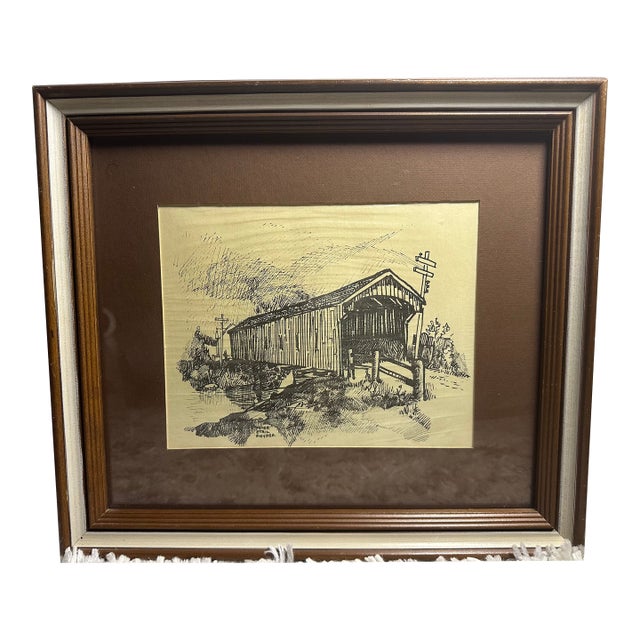 1970s Peter Etril Snyder Hand-Signed "West Montrose Covered Bridge" Ink-Style Landscape Lithograph For Sale