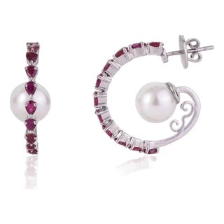 Natural Ruby & Freshwater Pearl Designer C Hoop Earrings in 925 Sterling Silver, A Pair For Sale