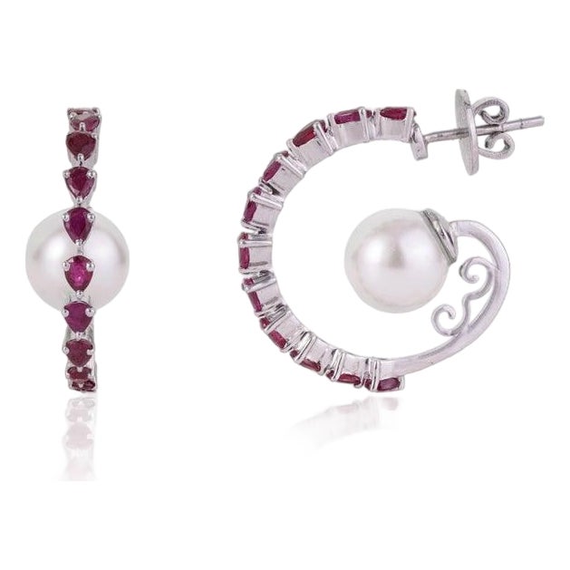 Natural Ruby & Freshwater Pearl Designer C Hoop Earrings in 925 Sterling Silver, A Pair For Sale