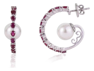 Natural Ruby & Freshwater Pearl Designer C Hoop Earrings in 925 Sterling Silver, A Pair