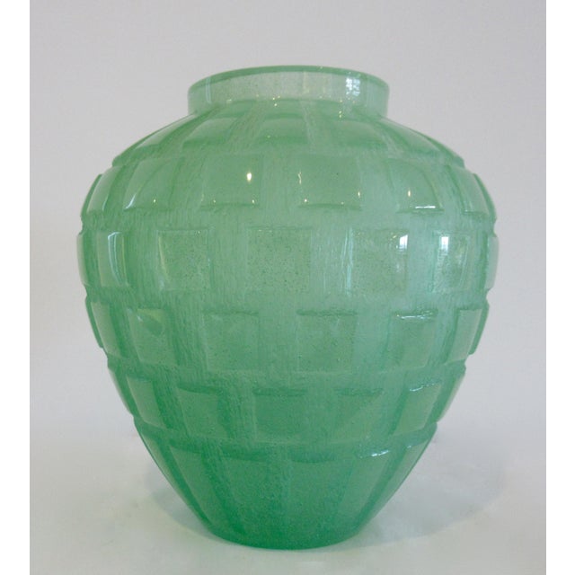 2000 - 2009 Daum France Crystal "Pate De Crystal," Celadon Green Geometric Raised Relief "Rhythmns," Vase/Vessel For Sale - Image 5 of 18