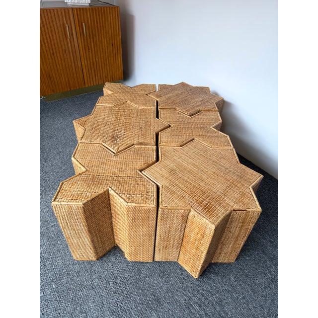 Wood Modular Rattan Tables "Stella E Croce" by Vivai Del Sud. Italy, 1970s For Sale - Image 7 of 9
