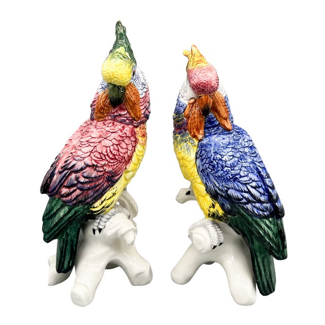 Pair of Italian Chelsea House Vintage Hand-Painted Ceramic Cockatoo Parrot Figures – Hollywood Regency / Tropical Revival For Sale - Image 11 of 12