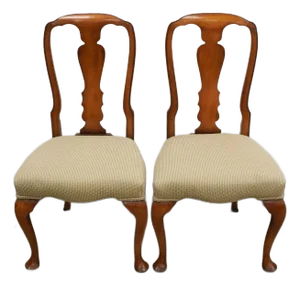 Late 20th Century Pair of Queen Anne Style Mahogany and Upholstered Seat Dining Chairs