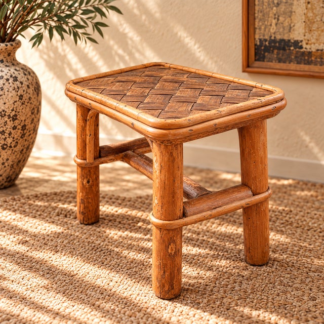 1960s Vintage Brown Bamboo Stools, France, 1960s, Set of 2 For Sale - Image 5 of 8