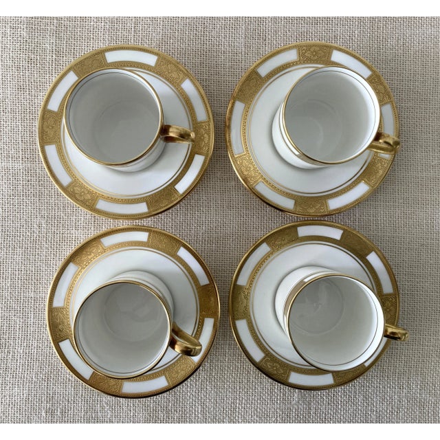 Set of 4, Aynsley Empress Pattern Demitasse or Espresso Cup & Saucers with intricate embossed floral and geometric gold...
