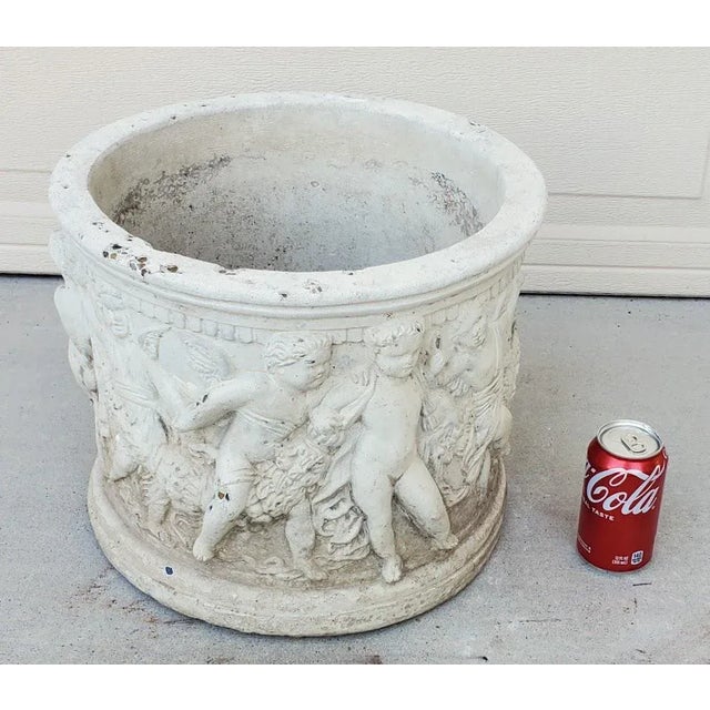 Antique Round White Cement Relief Cherub Planter For Sale - Image 12 of 12